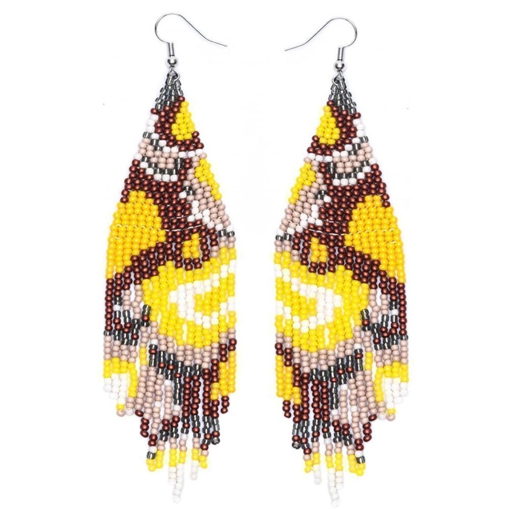 Abstract Bohemian Seed Bead Tassel Dangling Statement French Wire Hook Earrings